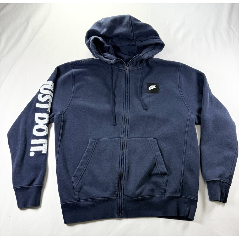 Nike Hoodie Just Do It Sleeve Mens M Navy Full Zip Swoosh logo embroidered